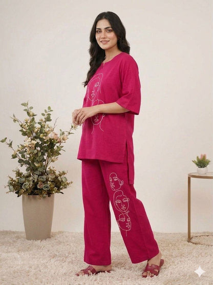 Women’s Summer Co-Ord Set in Roman Silk with Abstract Embroidery Work | Casual Lounge Wear Top & Palazzo Set