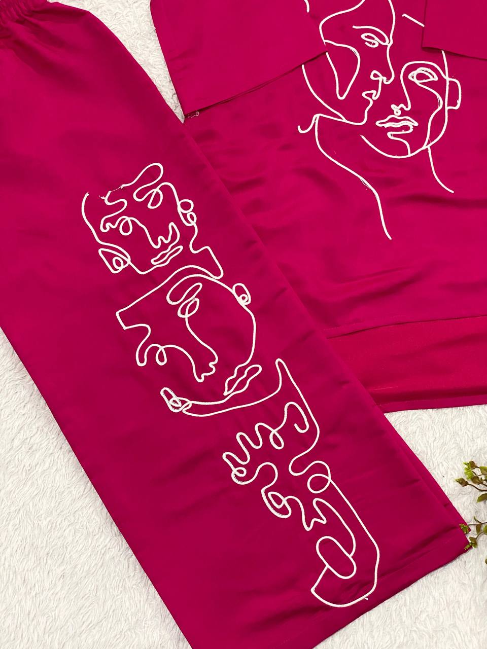 women’s summer co-ord set in roman silk with abstract embroidery work | casual lounge wear top & palazzo set