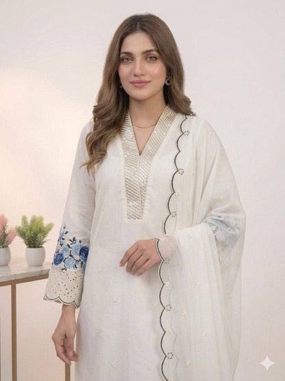 Women’s White Chanderi Suit Set with Sequence Embroidery & Organza Dupatta | Elegant Festive Ethnic Wear