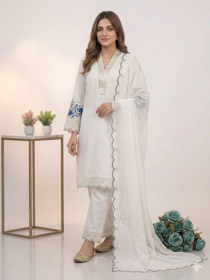 Women’s White Chanderi Suit Set with Sequence Embroidery & Organza Dupatta | Elegant Festive Ethnic Wear