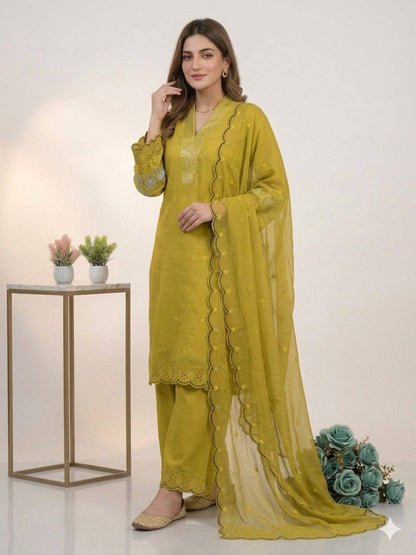 Women’s White Chanderi Suit Set with Sequence Embroidery & Organza Dupatta | Elegant Festive Ethnic Wear