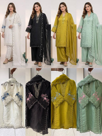 Women’s White Chanderi Suit Set with Sequence Embroidery & Organza Dupatta | Elegant Festive Ethnic Wear