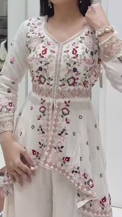 Women's Rangoli Silk Embroidered Kurti Palazzo Dupatta Set | Designer Sequence Work Party Wear Ethnic Suit