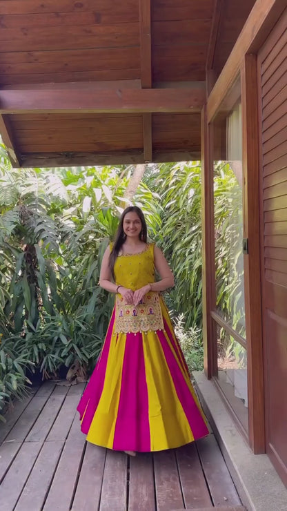 Women's Navratri Vichitra Silk Lehenga Choli with Shrug | Heavy Thread & Sequence Work | 6 Meter Flair | Fully Stitched