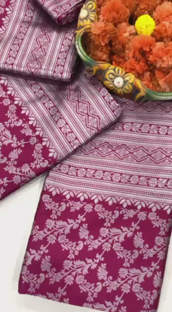 Women’s Soft Lichi Silk Floral Jacquard Saree with Rich Pallu | Traditional Festive Saree with Matching Blouse Piece