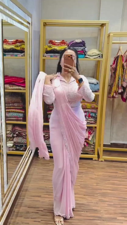Women’s Ready To Wear Drape Saree with Fully Embroidered Blouse | Faux Georgette Designer Pre-Stitched Saree for Party & Festive Wear