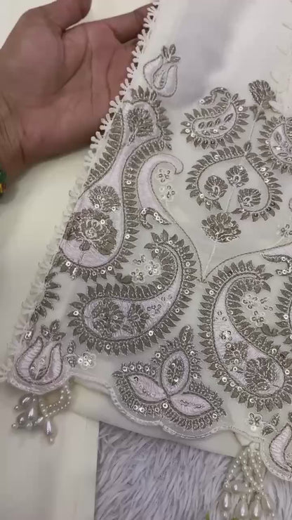 Women’s Wedding Wear Star Georgette Suit Set with Embroidered Dupatta | Sequence Work Top Palazzo Set
