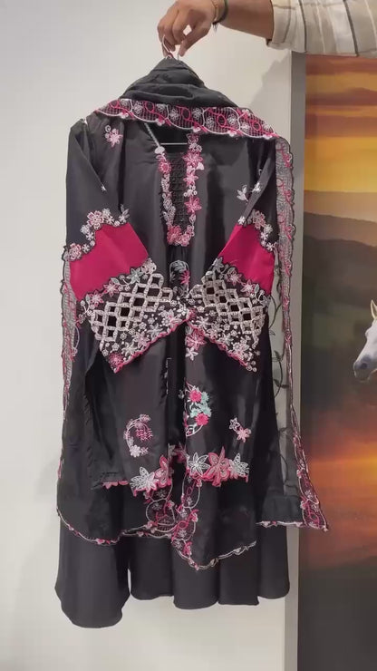 Women's Crape Silk Embroidered Kurti Palazzo Dupatta Set | Sequence Embroidery with Cut Work Designer Ethnic Suit