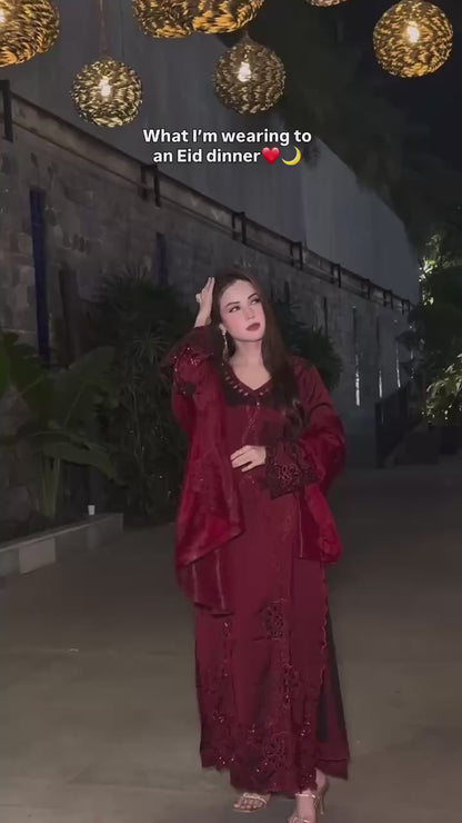 Pakistani Maroon Suit Set with Sequence Embroidery & JMY Choo Dupatta | Wedding Party Wear Ethnic Suit