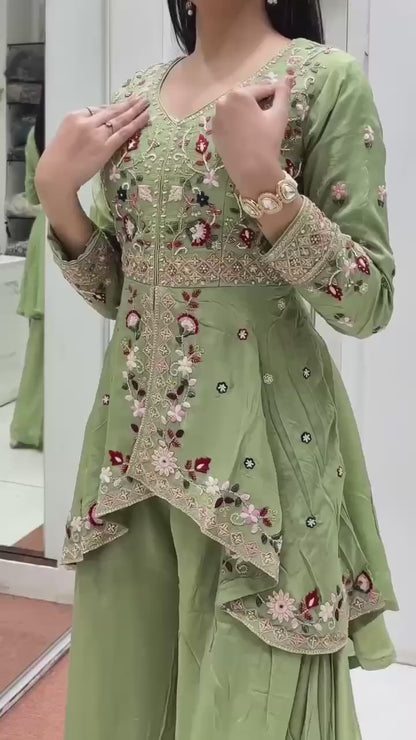 Women’s Rangoli Silk Kurta Palazzo Set with Embroidered Dupatta | Sequence Work Designer Ethnic Suit Set