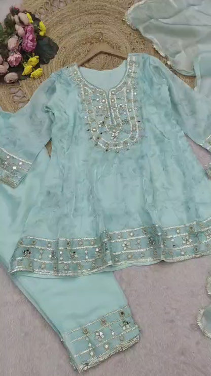Women’s Jimichu Silk Kurti Palazzo Set with Dupatta | Real Mirror Hand Work Designer Ethnic Suit Set
