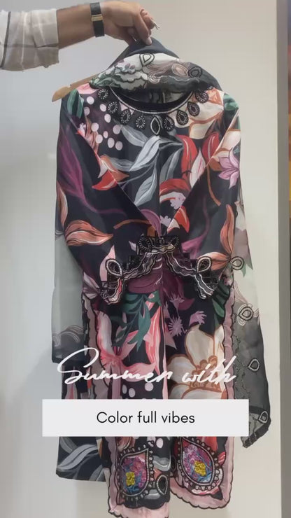 Women’s Printed Muslin Suit Set with Embroidered Cut Work & Organza Dupatta | Summer Ethnic Wear Set