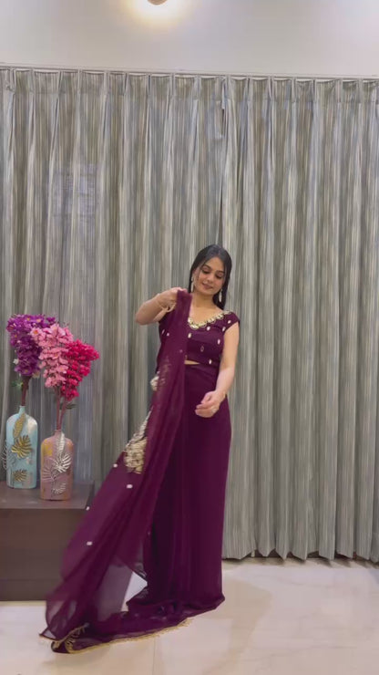 EXCLUSIVE 2 STYLES HAND WORKED, DRAPE SAREE ON FAUX GEORGETTE FABRIC WITH STITCHED BLOUSE