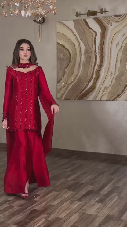 Women’s Rangoli Silk Kurti Palazzo Set with Beads Cut Dana Work Dupatta | 3 Piece Embroidered Ethnic Suit Set