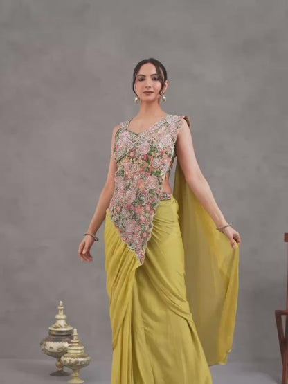 WE ARE LAUNCHING NEW SUPERHIT TRENDING READY TO WEAR SAREE WITH EMBROIDERED STYLIST BLOUSE ON CHINON FABRIC