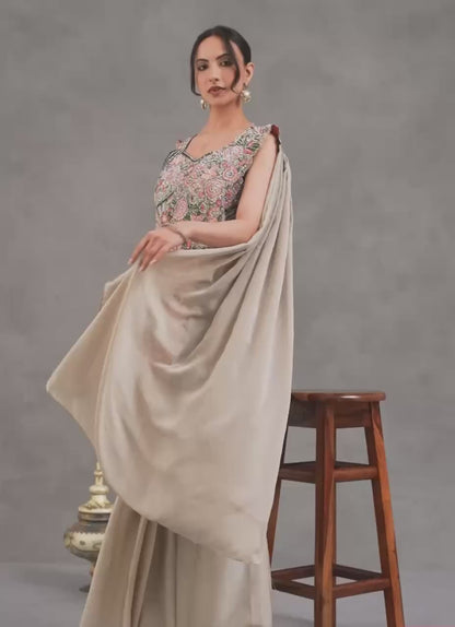 WE ARE LAUNCHING NEW SUPERHIT TRENDING READY TO WEAR SAREE WITH EMBROIDERED STYLIST BLOUSE ON CHINON FABRIC