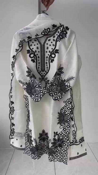 Hania Amir Inspired White Farshi Salwar Suit Set with Sequence Embroidery & Organza Dupatta | Eid Special Ethnic Wear
