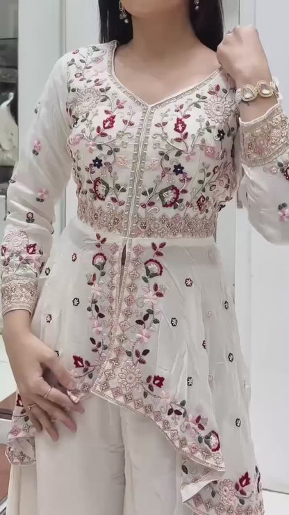 Women’s Rangoli Silk Kurta Palazzo Set with Embroidered Dupatta | Sequence Work Designer Ethnic Suit Set