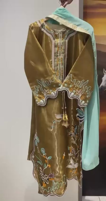 Women's Glass Roman Embroidered Kurti Pant Dupatta Set | Designer 3 Piece Ethnic Suit with Georgette Dupatta