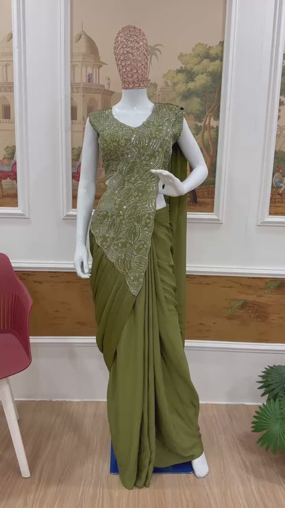 WE ARE LAUNCHING NEW SUPERHIT TRENDING READY TO WEAR SAREE WITH FULLY EMBROIDERED STYLIST BLOUSE ON  CHINON FABRIC