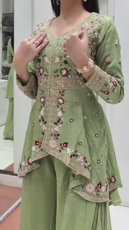 Women's Rangoli Silk Embroidered Kurti Palazzo Dupatta Set | Designer Sequence Work Party Wear Ethnic Suit