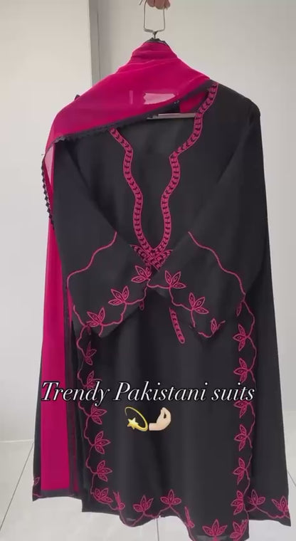 Women’s Hania Amir Inspired Pakistani Suit Set with Embroidered Rayon Top Palazzo & Georgette Dupatta