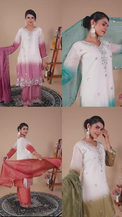 Women’s 3 Piece Star Georgette Kurti Palazzo Dupatta Set | Heavy Beads & Cut Dana Embroidery Work