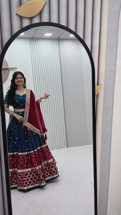 Women’s Fox Georgette Navratri Lehenga Choli Set | Embroidered Sequence Work with Dupatta | 6 Meter Flair