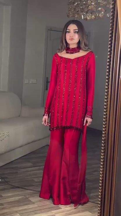 Women’s Rangoli Silk Kurti Palazzo Set with Beads Cut Dana Work Dupatta | 3 Piece Embroidered Ethnic Suit Set