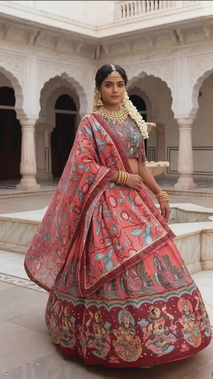 Women’s Kalamkari Print Lehenga Choli Set with Dupatta | Chent Crepe Designer Ethnic Wear for Festive & Traditional Occasions
