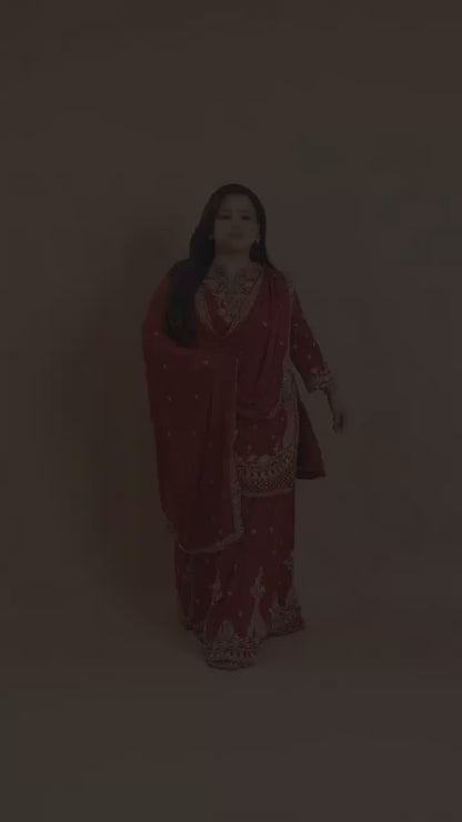 Women’s Chinon Kurti Palazzo Dupatta Set | Embroidered Designer 3 Piece Ethnic Suit with Chinon Dupatta