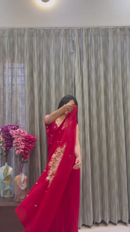EXCLUSIVE 2 STYLES HAND WORKED, DRAPE SAREE ON FAUX GEORGETTE FABRIC WITH STITCHED BLOUSE