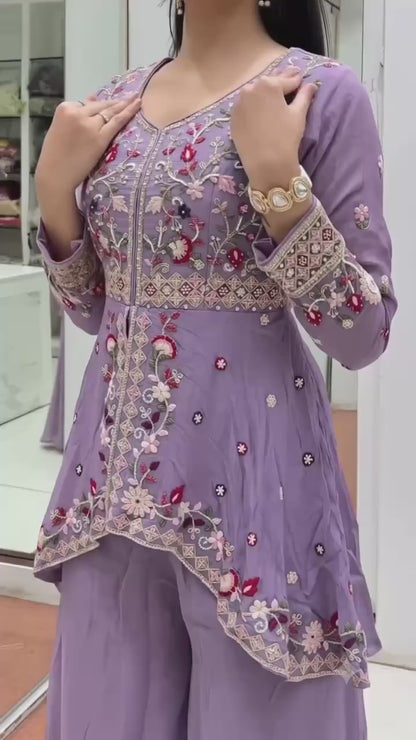 Women's Rangoli Silk Embroidered Kurti Palazzo Dupatta Set | Designer Sequence Work Party Wear Ethnic Suit